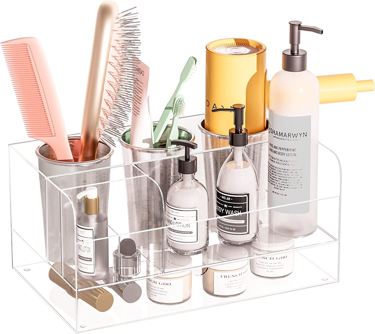 Hair Tool Organizer, Acrylic Hair Styling Tools and Blow Dryer Holder with Drawer for Bathroom Vanity Countertop (Clear)